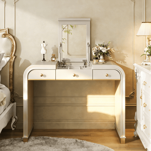 Classic Wood Vanity Desk with Flip Mirror, 3 - in - 1 Dressing Table with 2 Drawers and Storage Space for Bedroom, Champagne - TAITIY