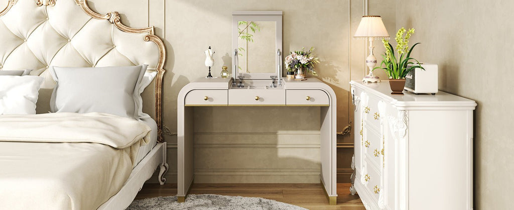 Classic Wood Vanity Desk with Flip Mirror, 3 - in - 1 Dressing Table with 2 Drawers and Storage Space for Bedroom, Champagne - TAITIY