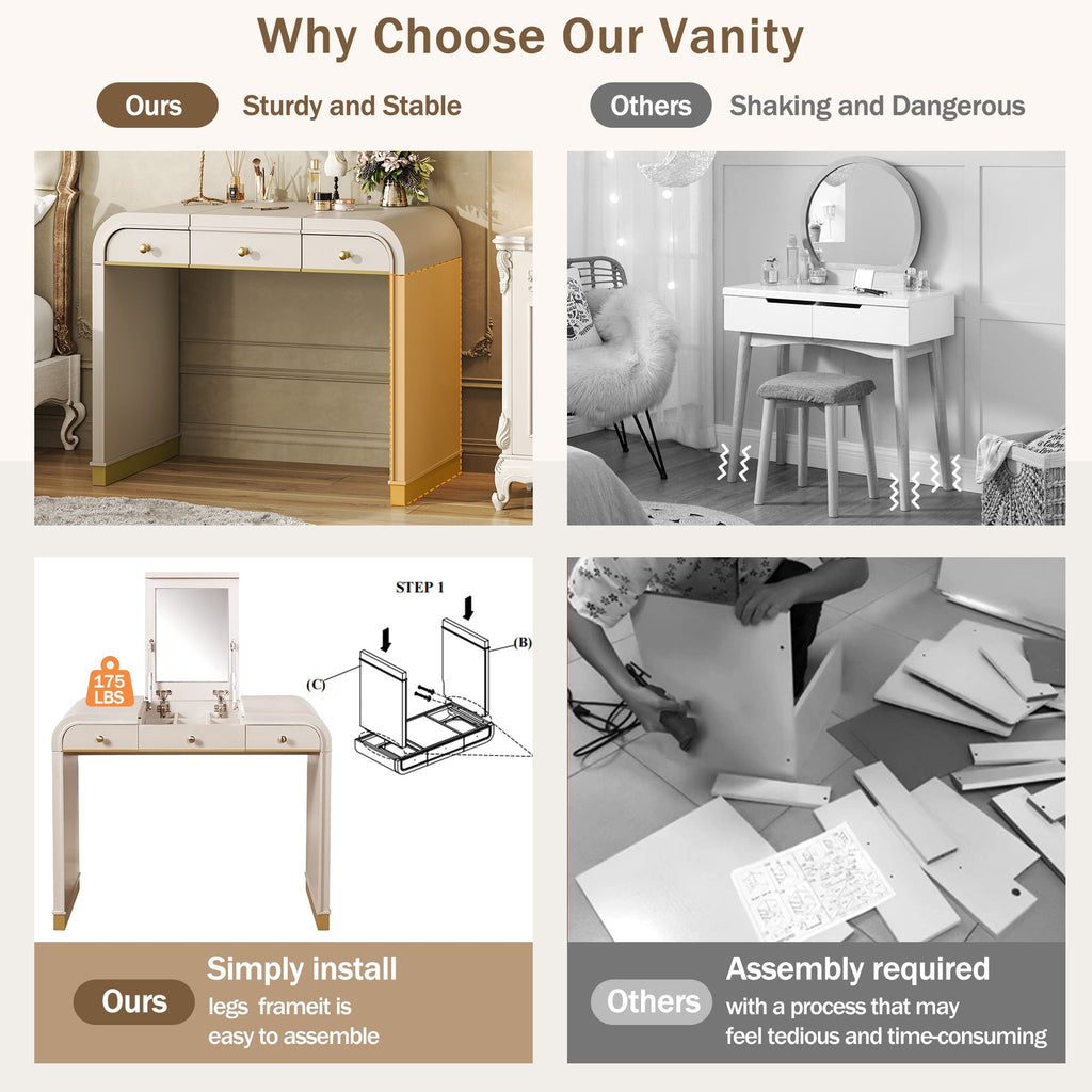 Classic Wood Vanity Desk with Flip Mirror, 3 - in - 1 Dressing Table with 2 Drawers and Storage Space for Bedroom, Champagne - TAITIY