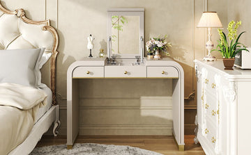 Classic Wood Vanity Desk with Flip Mirror, 3 - in - 1 Dressing Table with 2 Drawers and Storage Space for Bedroom, Champagne - TAITIY