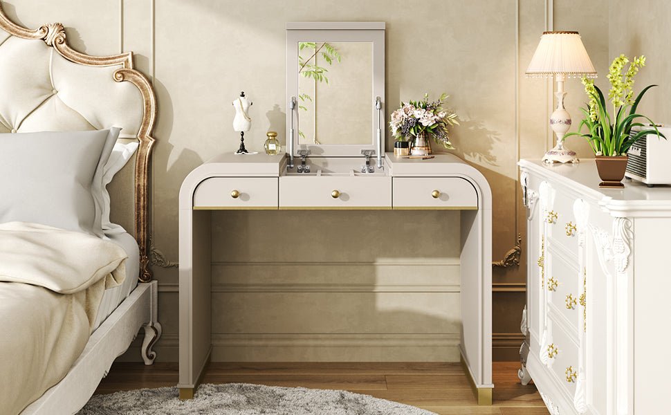 Classic Wood Vanity Desk with Flip Mirror, 3 - in - 1 Dressing Table with 2 Drawers and Storage Space for Bedroom, Champagne - TAITIY