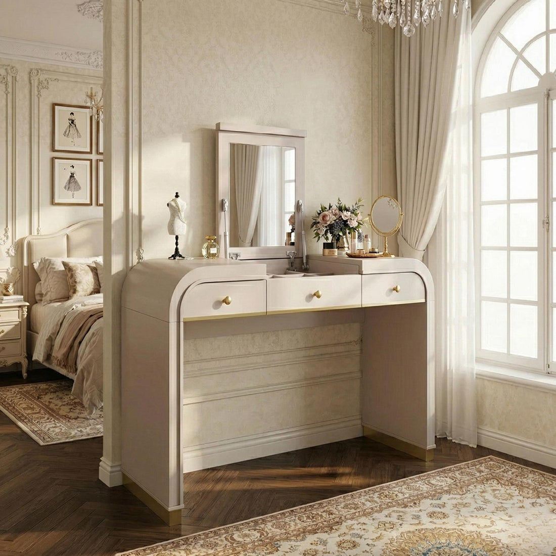 Classic Wood Vanity Desk with Flip Mirror, 3 - in - 1 Dressing Table with 2 Drawers and Storage Space for Bedroom, Champagne - TAITIY