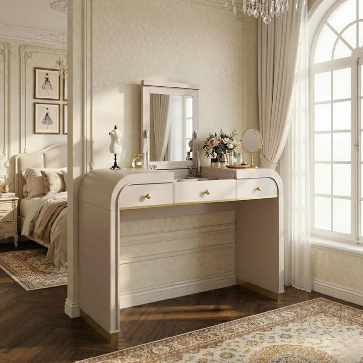 Classic Wood Vanity Desk with Flip Mirror, 3 - in - 1 Dressing Table with 2 Drawers and Storage Space for Bedroom, Champagne - TAITIY