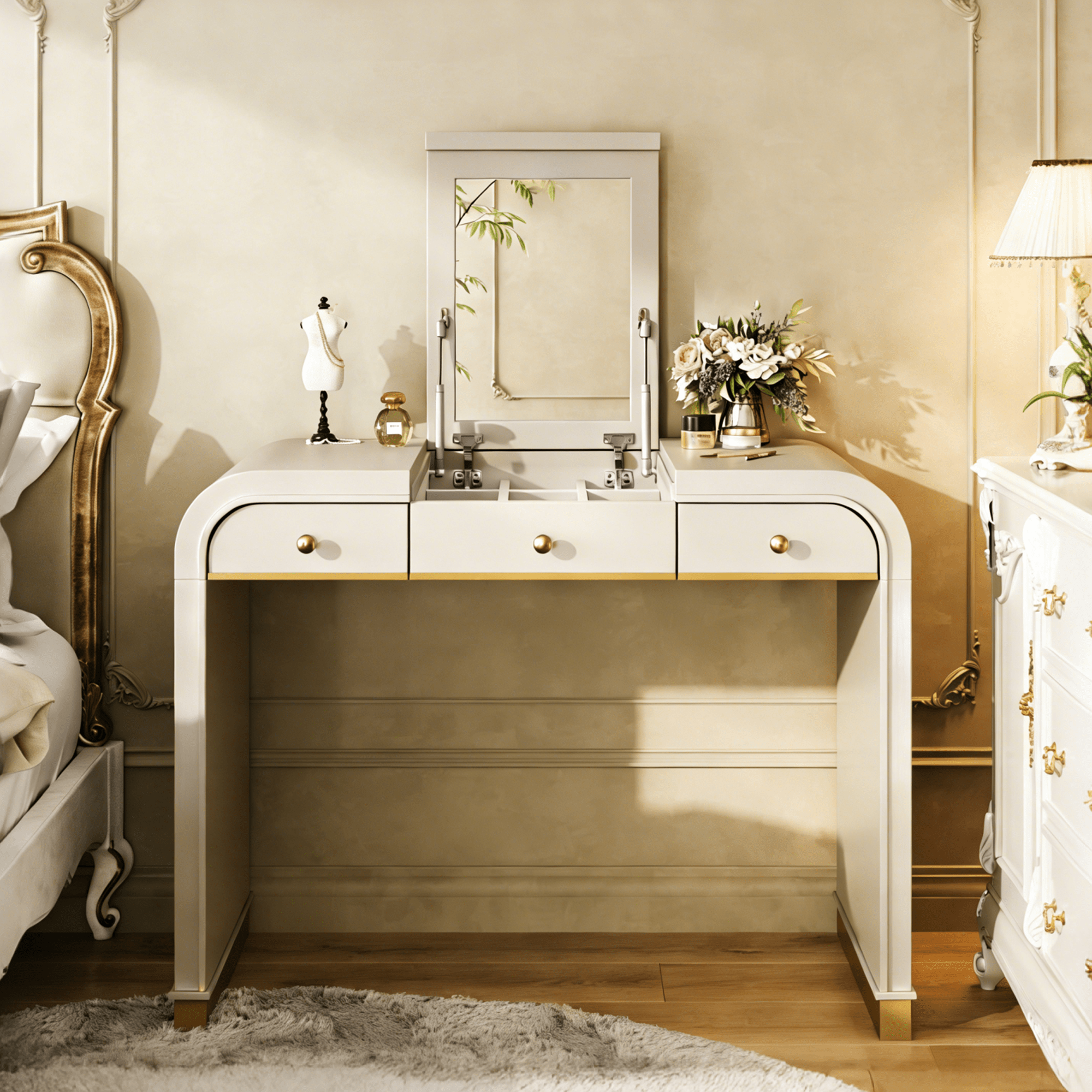 Classic Wood Vanity Desk with Flip Mirror, 3 - in - 1 Dressing Table with 2 Drawers and Storage Space for Bedroom, Champagne - TAITIY