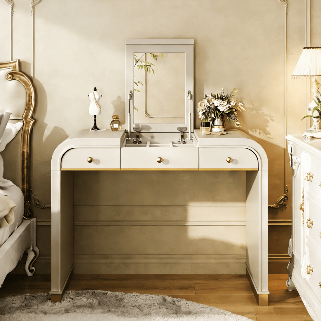 Classic Wood Vanity Desk with Flip Mirror, 3 - in - 1 Dressing Table with 2 Drawers and Storage Space for Bedroom, Champagne - TAITIY