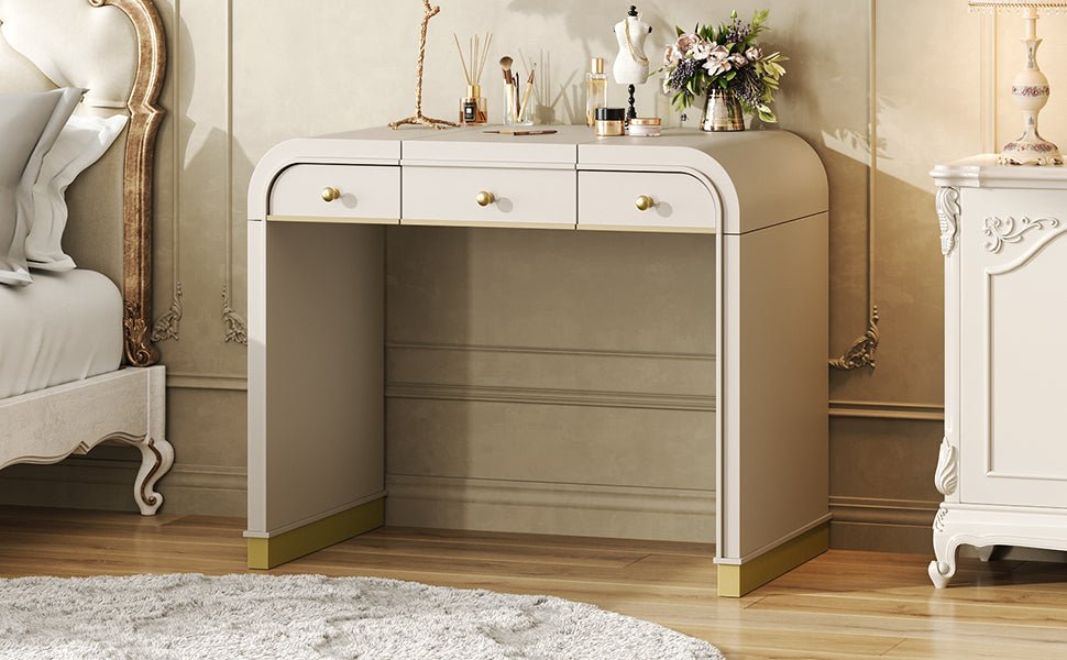 Classic Wood Vanity Desk with Flip Mirror, 3 - in - 1 Dressing Table with 2 Drawers and Storage Space for Bedroom, Champagne - TAITIY