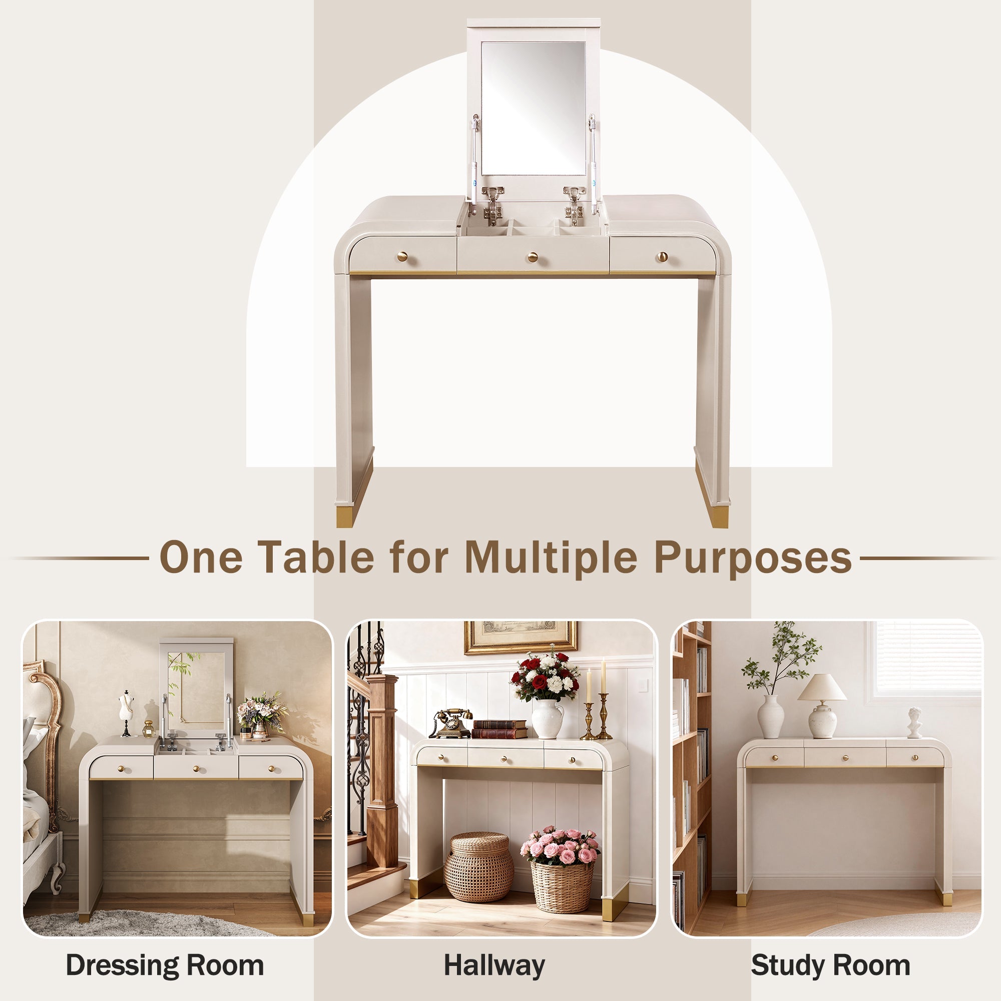 Classic Wood Vanity Desk with Flip Mirror, 3 - in - 1 Dressing Table with 2 Drawers and Storage Space for Bedroom, Champagne - TAITIY