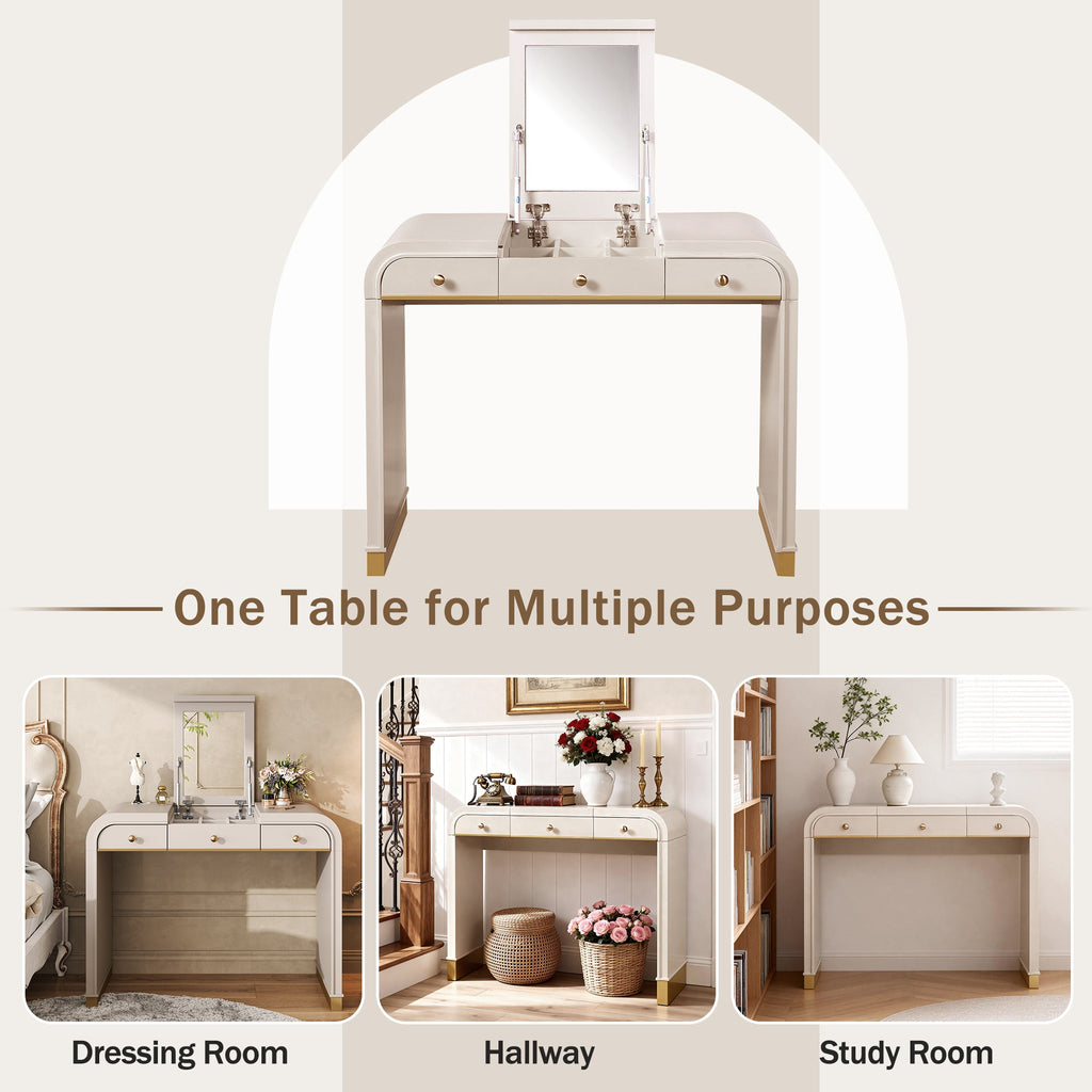 Classic Wood Vanity Desk with Flip Mirror, 3 - in - 1 Dressing Table with 2 Drawers and Storage Space for Bedroom, Champagne - TAITIY