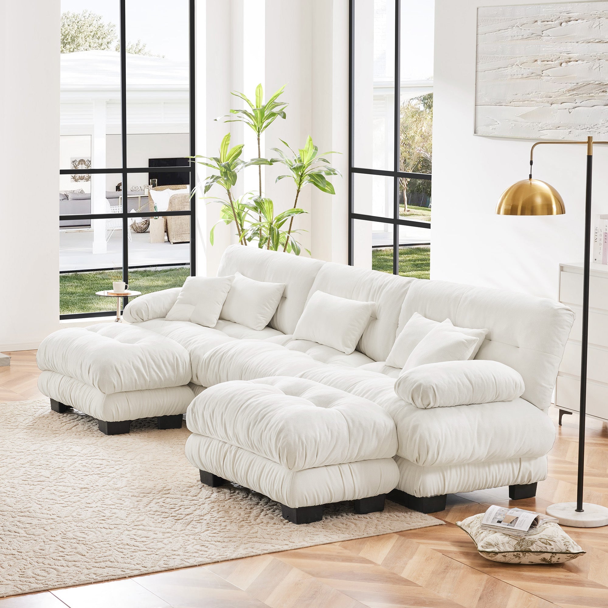 Cloud 3 - Seat Sofa with 2 Ottomans — White Chenille - TAITIY
