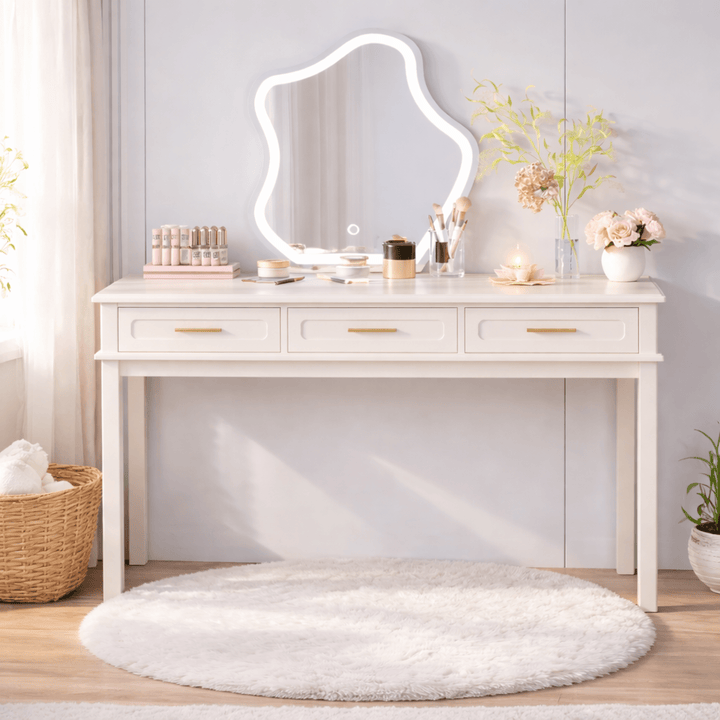 Cream White Vanity Desk with 3 Drawers - TAITIY
