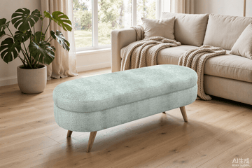 Cyan Ottoman Oval Storage Bench with Rubber Wood Legs, Gray Fabric - TAITIY