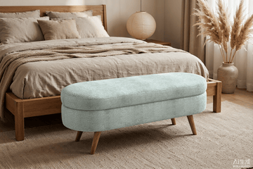 Cyan Ottoman Oval Storage Bench with Rubber Wood Legs, Gray Fabric - TAITIY