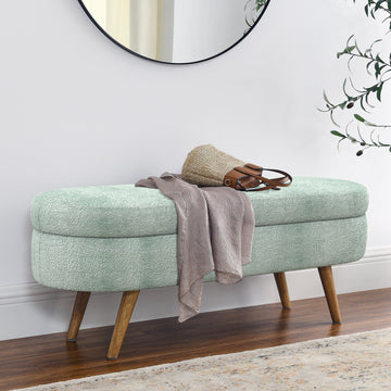 Cyan Ottoman Oval Storage Bench with Rubber Wood Legs, Gray Fabric - TAITIY