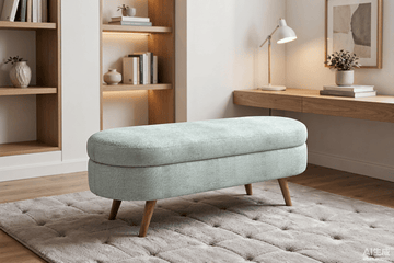 Cyan Ottoman Oval Storage Bench with Rubber Wood Legs, Gray Fabric - TAITIY