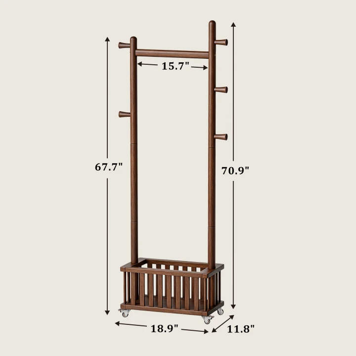 TAITIY Solid Wood Clothes Rack with Storage Basket & 5 Hooks