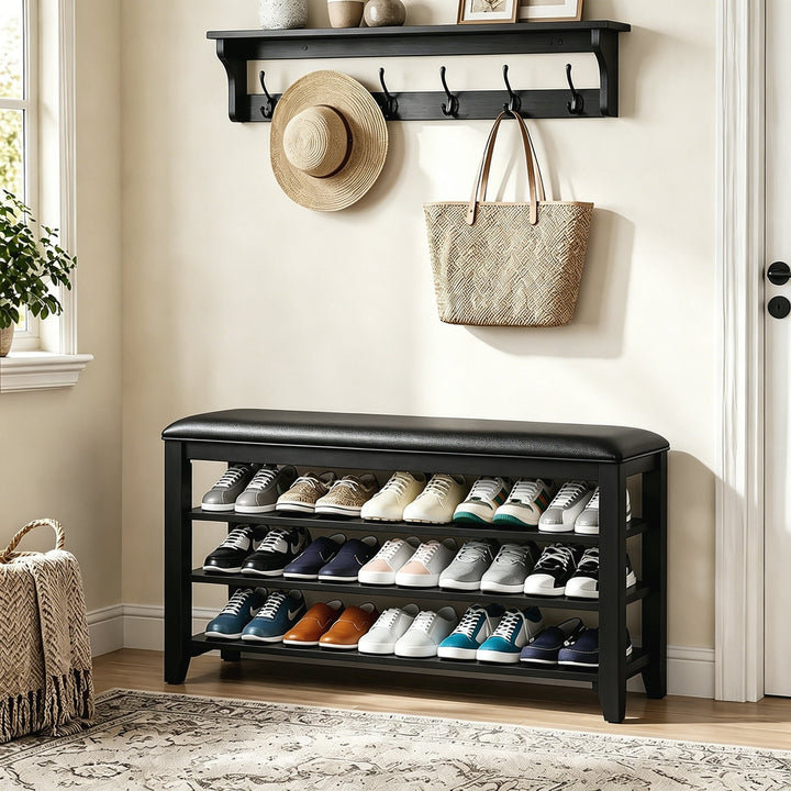 Entryway Solid Wood Multi-tier Shoe Bench with Faux Leather Top Black - TAITIY