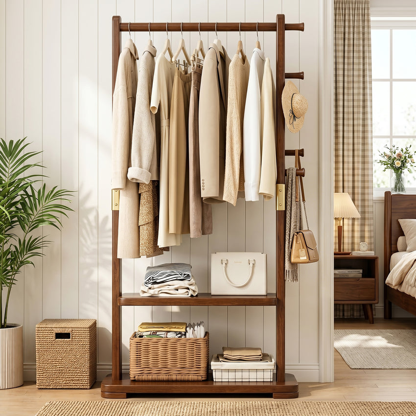 Taitiy Solid Wood Clothes Rack with Shelves & Hooks