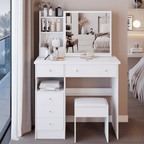 Makeup Vanity Set — White, with Sliding Mirror & Cushioned Stool - TAITIY
