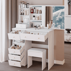 Makeup Vanity Set — White, with Sliding Mirror & Cushioned Stool - TAITIY