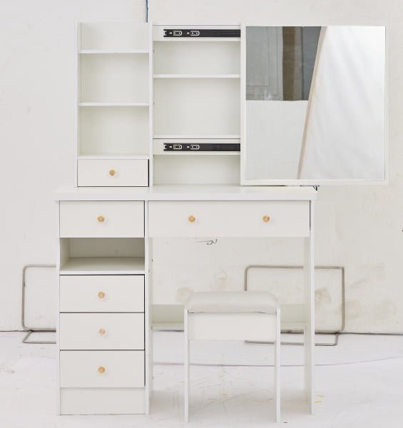 Makeup Vanity Set — White, with Sliding Mirror & Cushioned Stool - TAITIY