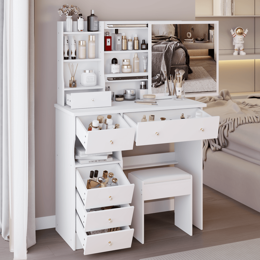 Makeup Vanity Set — White, with Sliding Mirror & Cushioned Stool - TAITIY