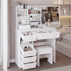 Makeup Vanity Set — White, with Sliding Mirror & Cushioned Stool - TAITIY