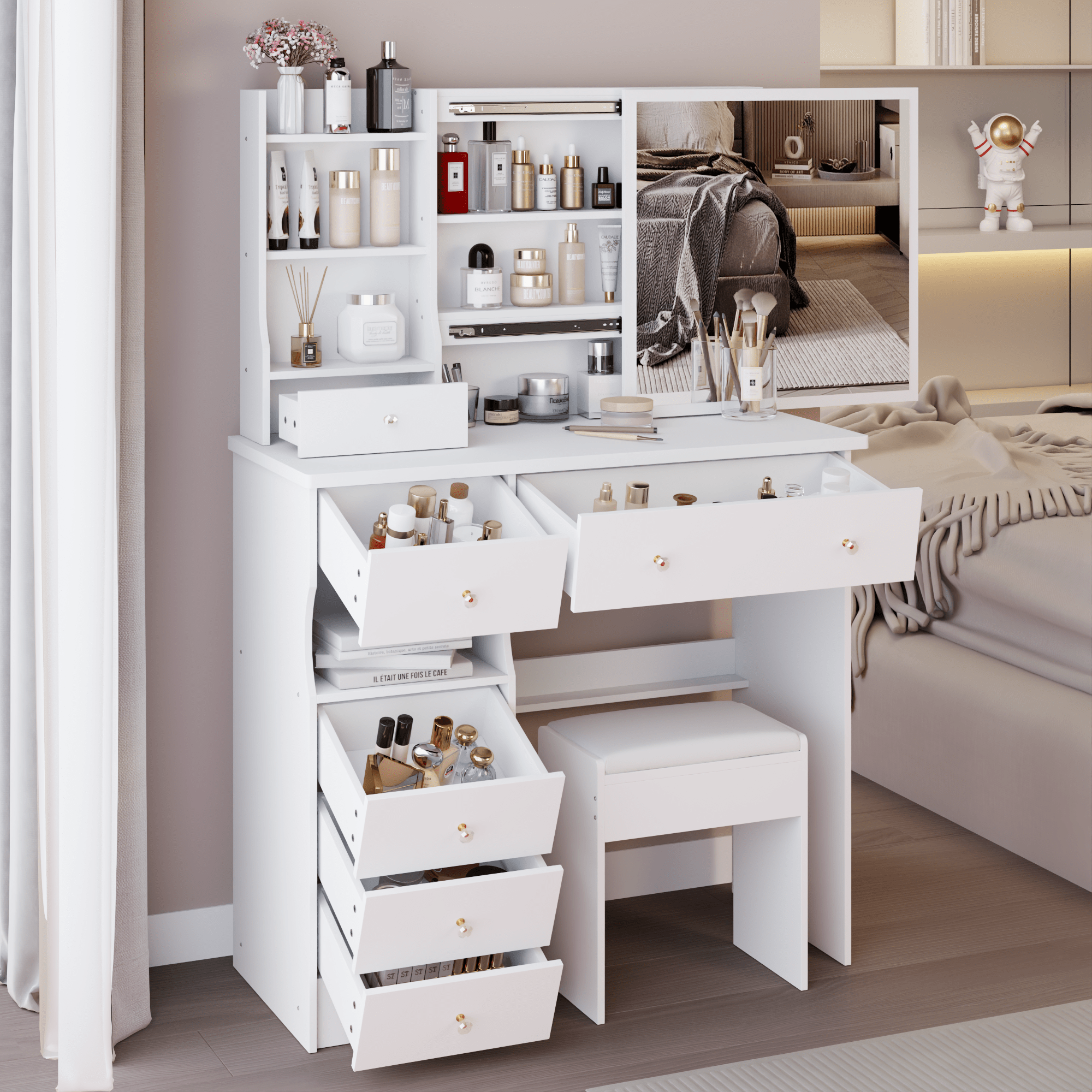 Makeup Vanity Set — White, with Sliding Mirror & Cushioned Stool - TAITIY