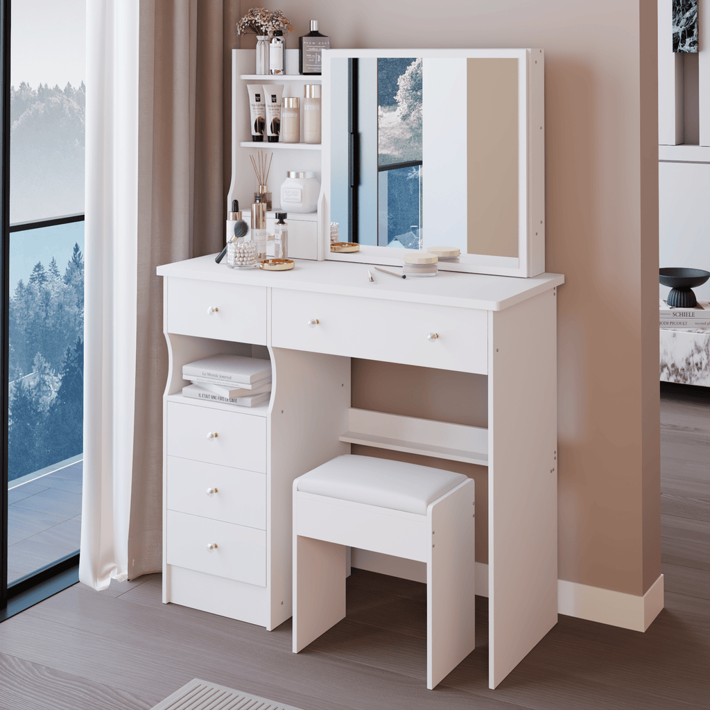 Makeup Vanity Set — White, with Sliding Mirror & Cushioned Stool - TAITIY