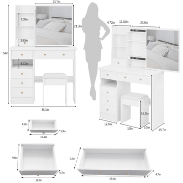 Makeup Vanity Set — White, with Sliding Mirror & Cushioned Stool - TAITIY