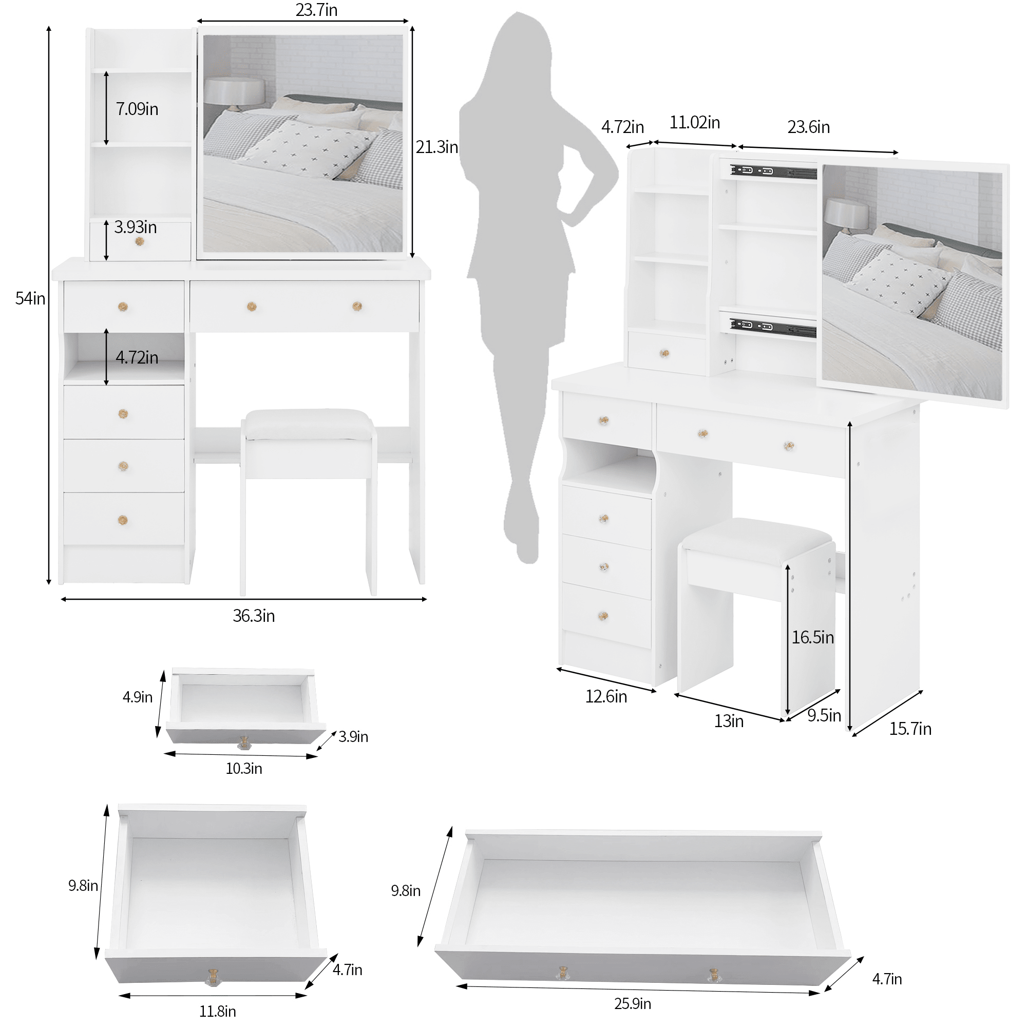 Makeup Vanity Set — White, with Sliding Mirror & Cushioned Stool - TAITIY