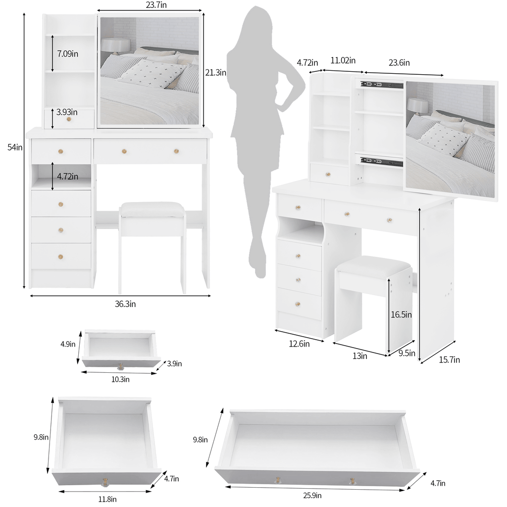 Makeup Vanity Set — White, with Sliding Mirror & Cushioned Stool - TAITIY