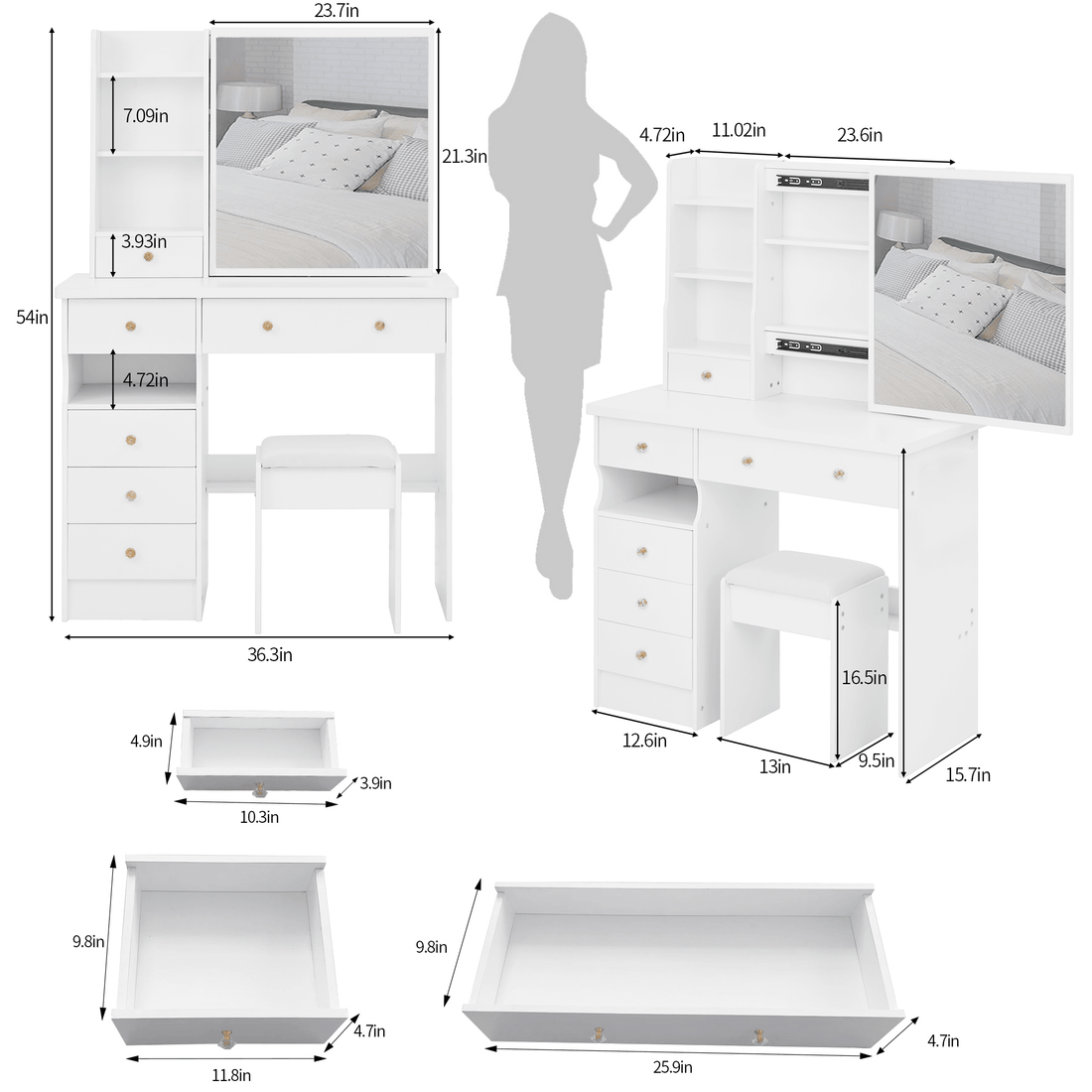 Makeup Vanity Set — White, with Sliding Mirror & Cushioned Stool - TAITIY