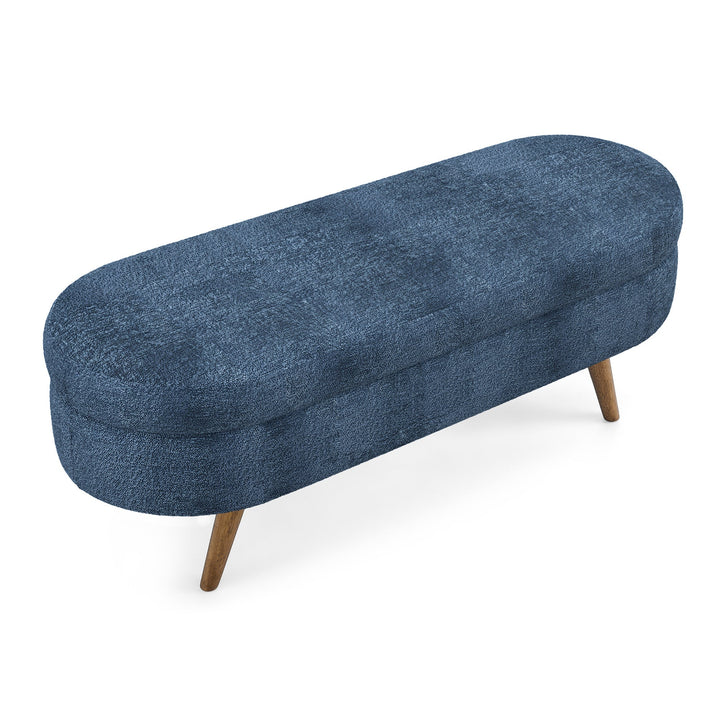 Modern Ottoman Oval Storage Bench with Rubber Wood Legs, Dark Blue Fabric, 43.5'x16'x16' - TAITIY