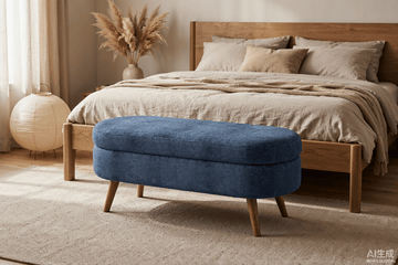 Modern Ottoman Oval Storage Bench with Rubber Wood Legs, Dark Blue Fabric - TAITIY