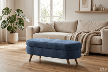 Modern Ottoman Oval Storage Bench with Rubber Wood Legs, Dark Blue Fabric - TAITIY