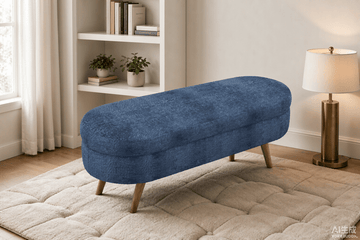 Modern Ottoman Oval Storage Bench with Rubber Wood Legs, Dark Blue Fabric - TAITIY