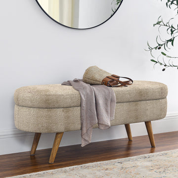 Ottoman Oval Storage Bench with Rubber Wood Legs, Gray Fabric, 43.5'x16'x16' - TAITIY