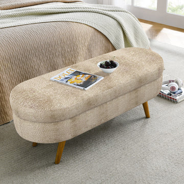 Ottoman Oval Storage Bench with Rubber Wood Legs, Gray Fabric, 43.5'x16'x16' - TAITIY