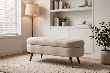 Ottoman Oval Storage Bench with Rubber Wood Legs, Gray Fabric - TAITIY