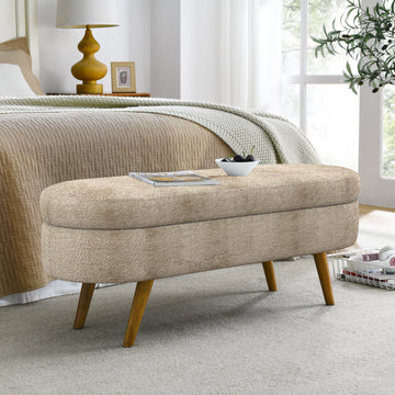 Ottoman Oval Storage Bench with Rubber Wood Legs, Gray Fabric - TAITIY