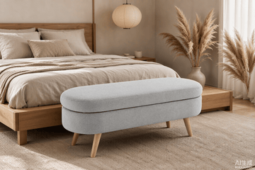 Ottoman Oval Storage Bench with Rubber Wood Legs, Grey Linen - TAITIY