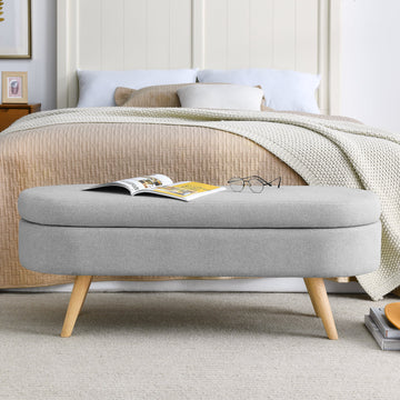 Ottoman Oval Storage Bench with Rubber Wood Legs, Grey Linen, 43.5'x16'x16' - TAITIY
