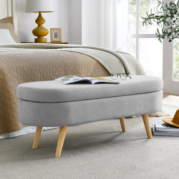 Ottoman Oval Storage Bench with Rubber Wood Legs, Grey Linen, 43.5'x16'x16' - TAITIY