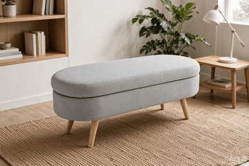 Ottoman Oval Storage Bench with Rubber Wood Legs, Grey Linen - TAITIY