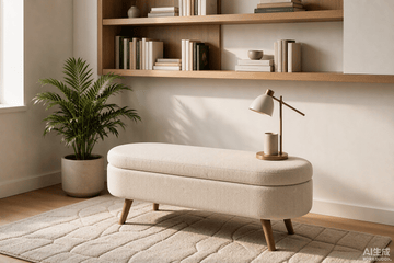 Ottoman Oval Storage Bench,Rubber Wood Legs, Beige - TAITIY