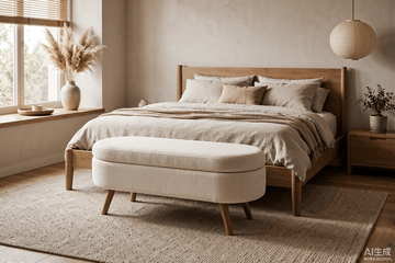 Ottoman Oval Storage Bench,Rubber Wood Legs, Beige - TAITIY