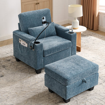 Recliner Sofa Chair with Storage Ottoman — Blue - TAITIY