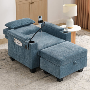 Recliner Sofa Chair with Storage Ottoman — Blue - TAITIY