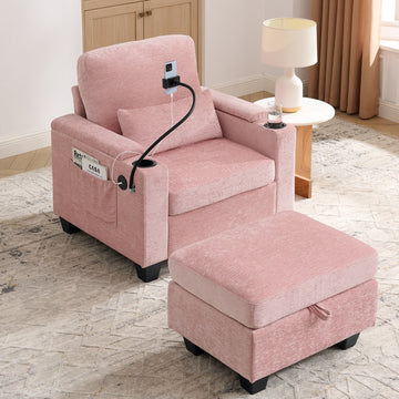 Recliner Sofa Chair with Storage Ottoman — Pink - TAITIY