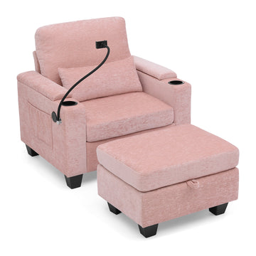Recliner Sofa Chair with Storage Ottoman — Pink - TAITIY